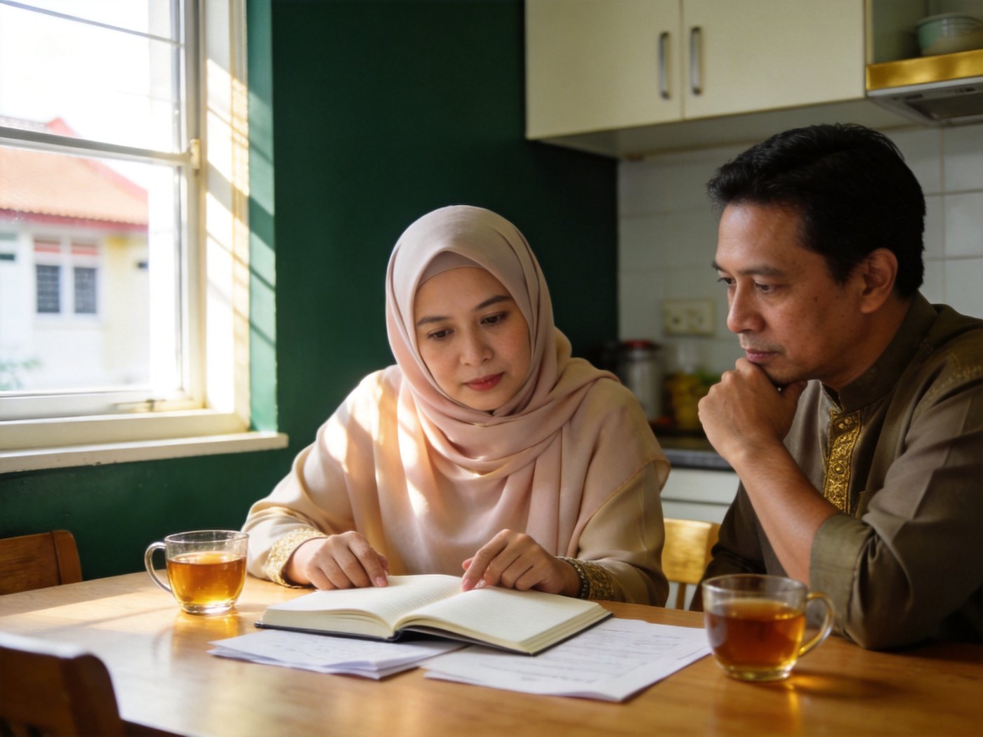 An illustrative Muslim couple discussing a notebook and papers at their dining table, with two cups nearby.