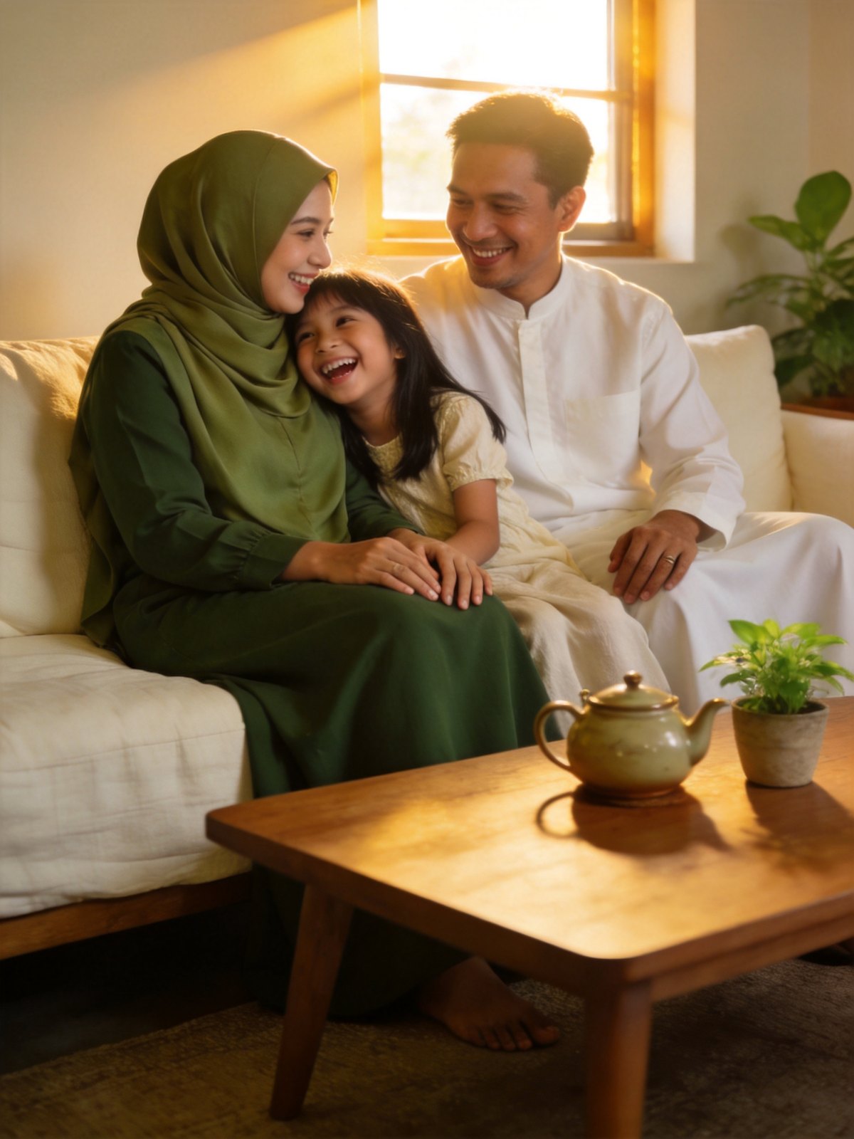 An illustrative Muslim couple and their young daughter sharing a relaxed moment on a sofa at home.